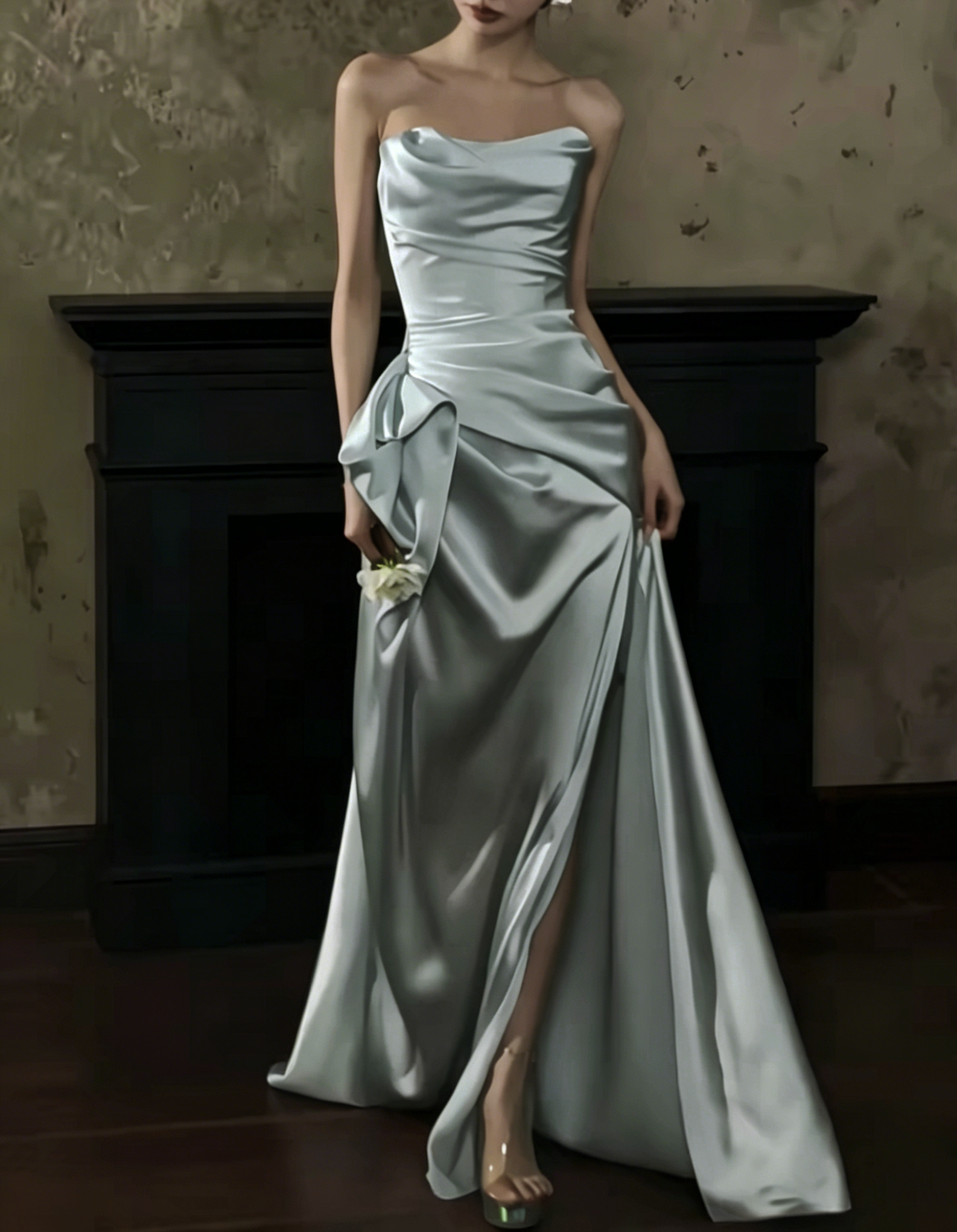 Light Blue Strapless Draped Ruched Satin High Slit Mermaid Maxi Dress