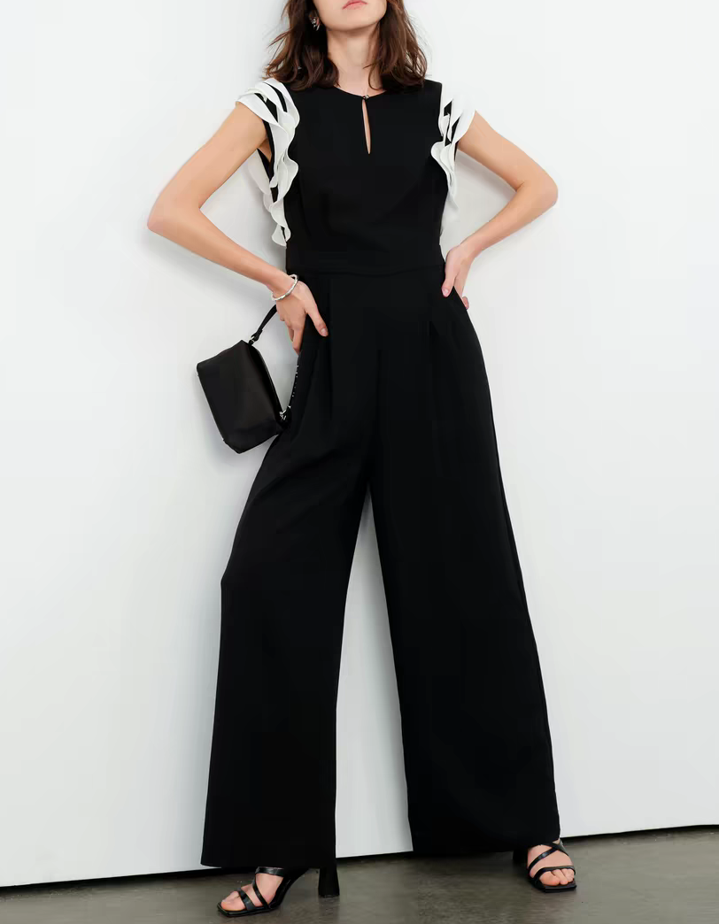 Black & White Two-Tone Ruffle Sleeve Keyhole Wide Leg Jumpsuit