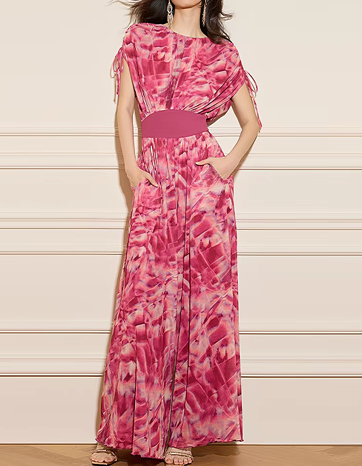 Pink Drawstring Sleeve Printed Chiffon Elastic Waist Wide Leg Jumpsuit