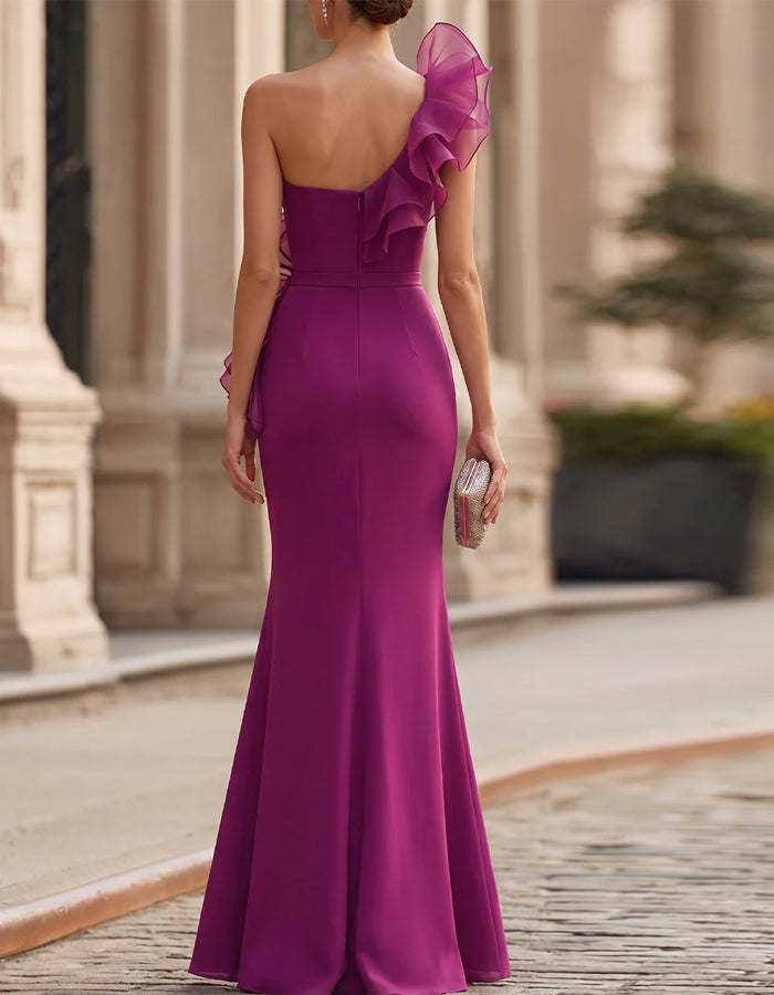 Rose Pink One Shoulder 3D Organza Ruffle Maxi Dress