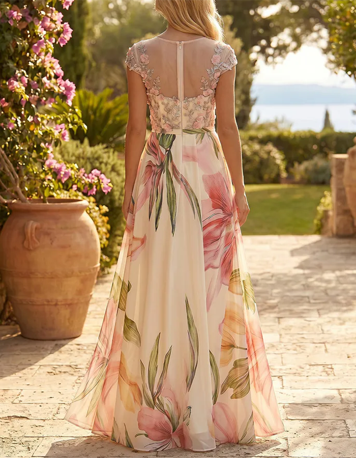Ivory Floral Lace Illusion Watercolor Floral Chiffon Maxi Dress