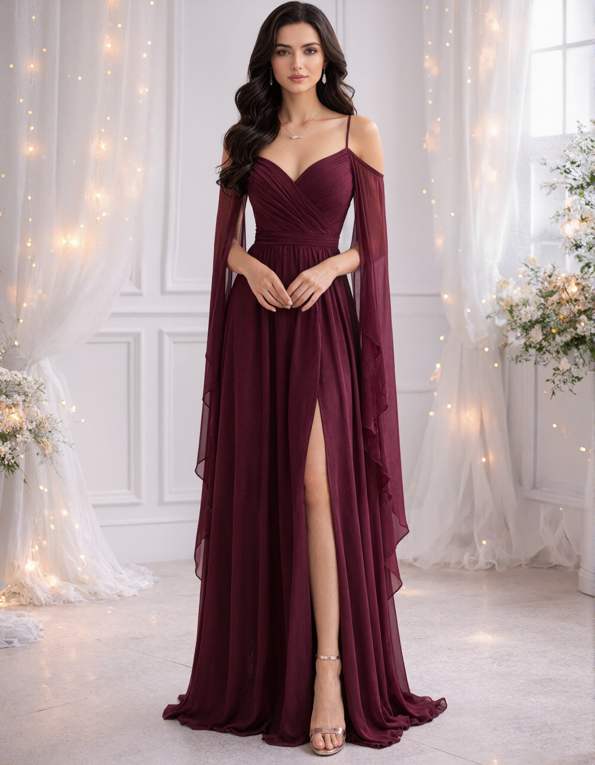 Rochie maxi burgundy din șifon, cu bretele și umerii goi