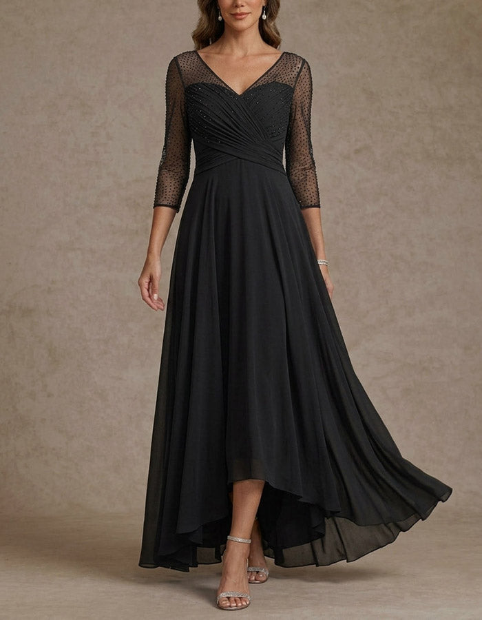 Navy Blue Dot Mesh 3/4 Sleeve Chiffon High-Low Maxi Dress