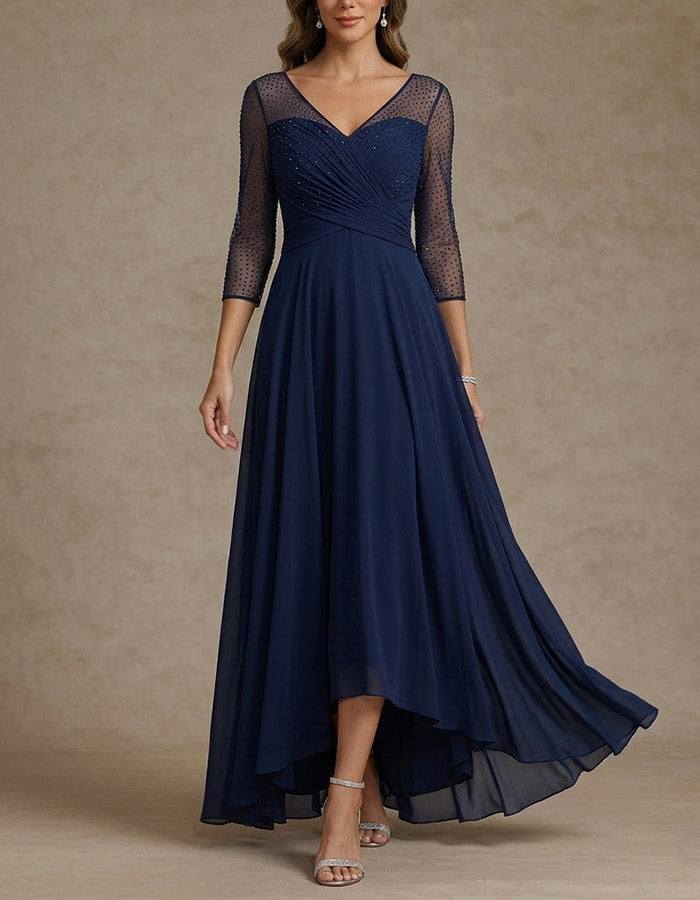 Navy Blue Dot Mesh 3/4 Sleeve Chiffon High-Low Maxi Dress
