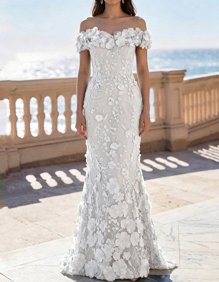 Blue Off-the-Shoulder 3D Floral Lace Mermaid Maxi Dress