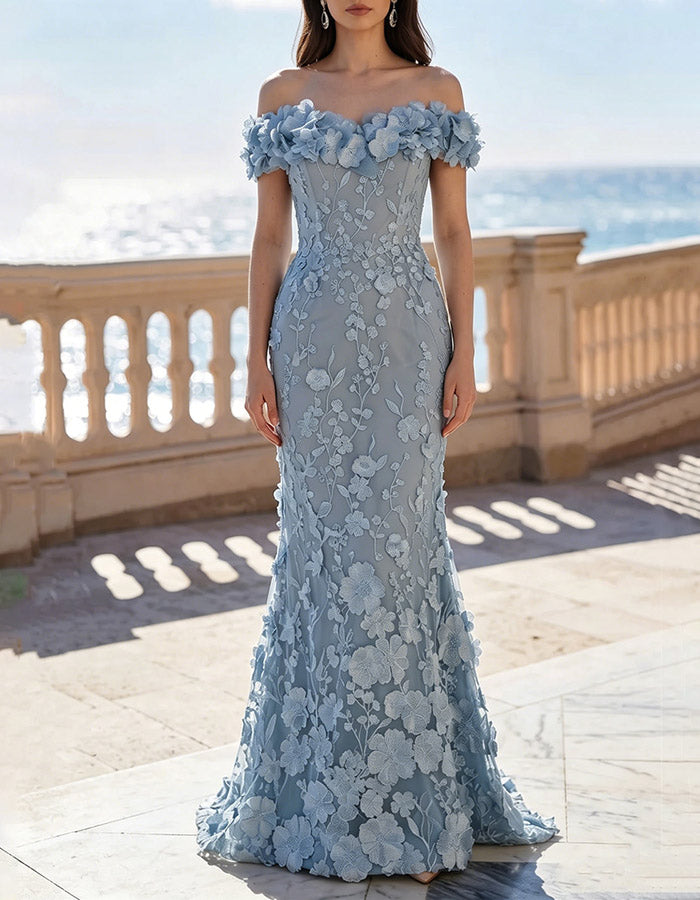 Blue Off-the-Shoulder 3D Floral Lace Mermaid Maxi Dress
