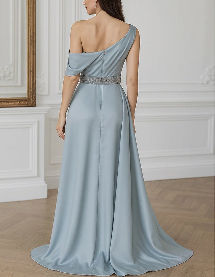 Vestido Maxi de Cetim de Cor Sólida com Um Ombro Só e Manga Drapeada