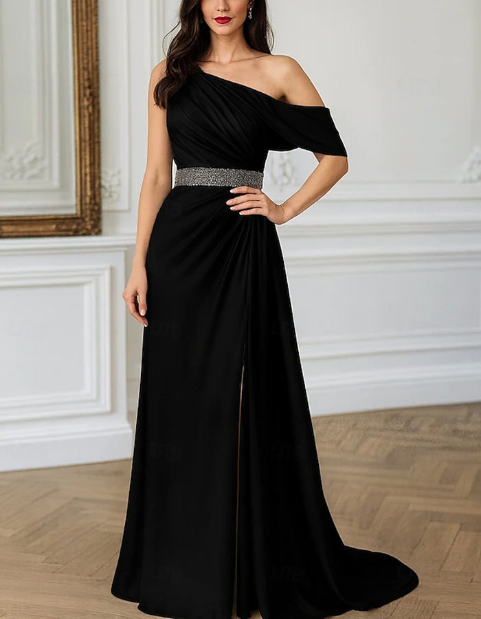Vestido Maxi de Cetim de Cor Sólida com Um Ombro Só e Manga Drapeada