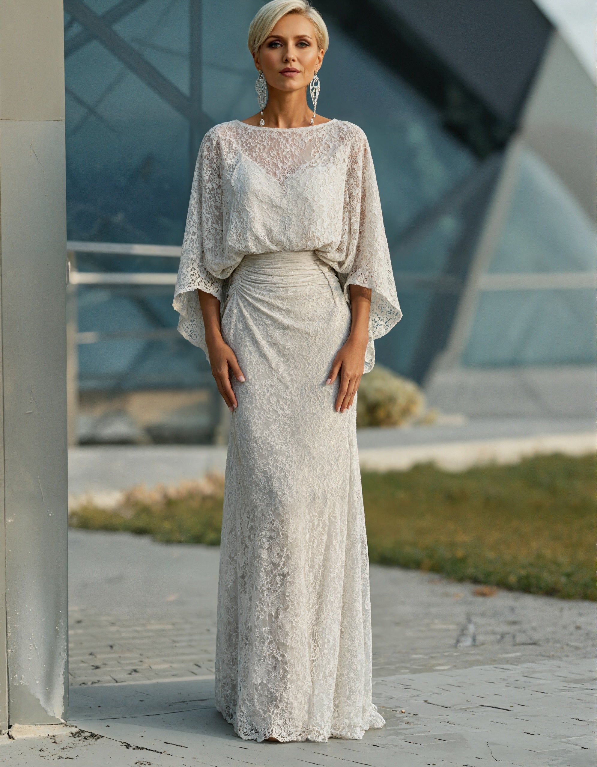 White Floral Lace Round Neck Batwing Sleeves Flared Pleats Maxi Dress