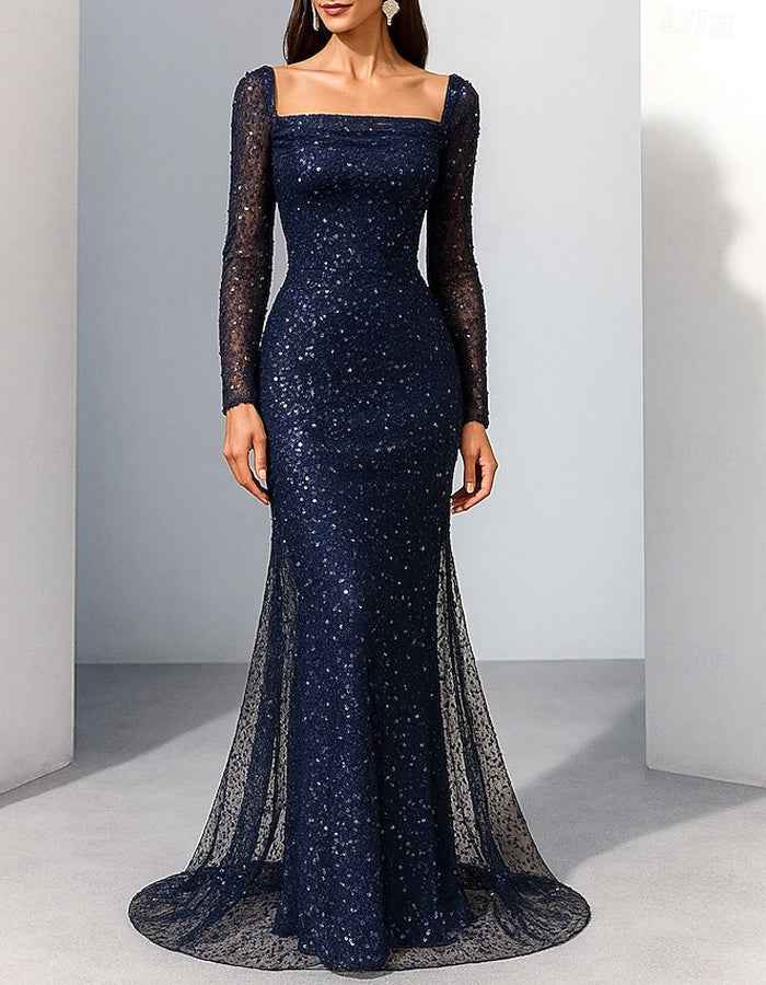 Navy Blue Sequined Square Neck Maxi Dress