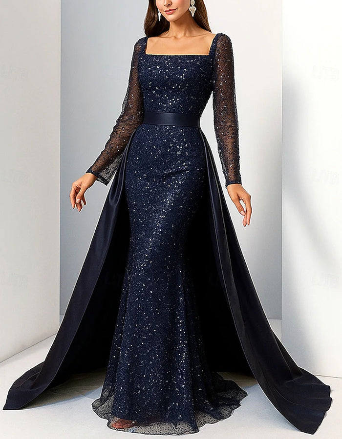 Abito lungo blu navy con paillettes e scollo quadrato