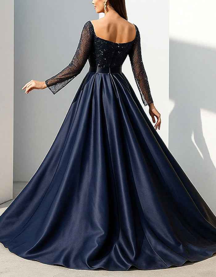 Navy Blue Sequined Square Neck Maxi Dress