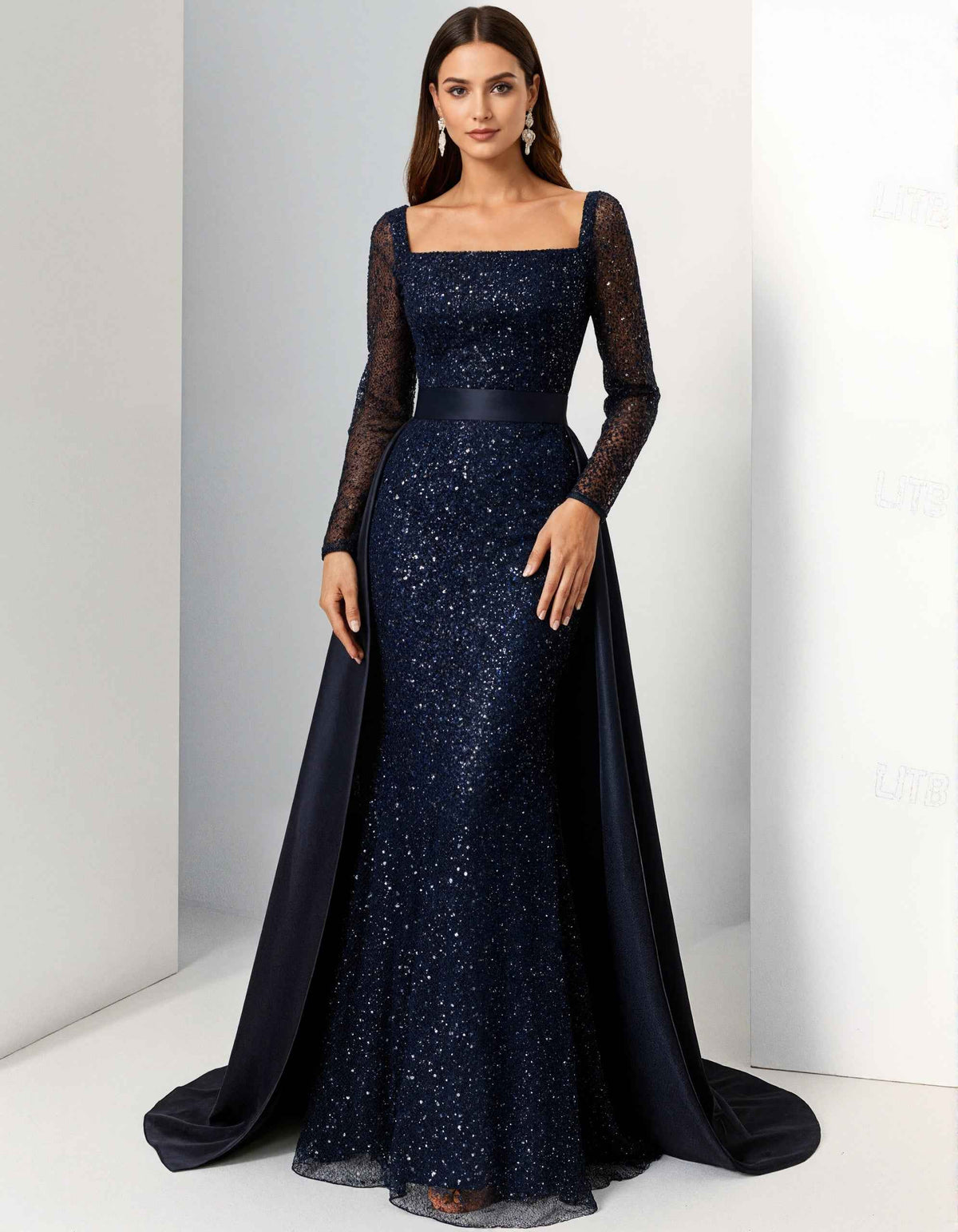 Navy Blue Sequined Square Neck Maxi Dress