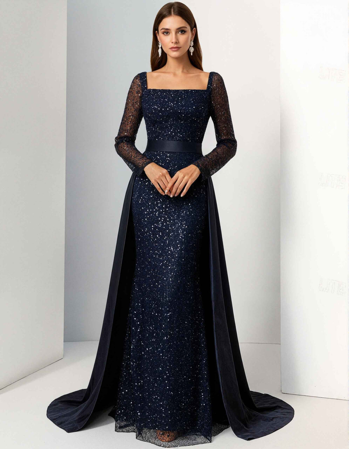 Navy Blue Sequined Square Neck Maxi Dress