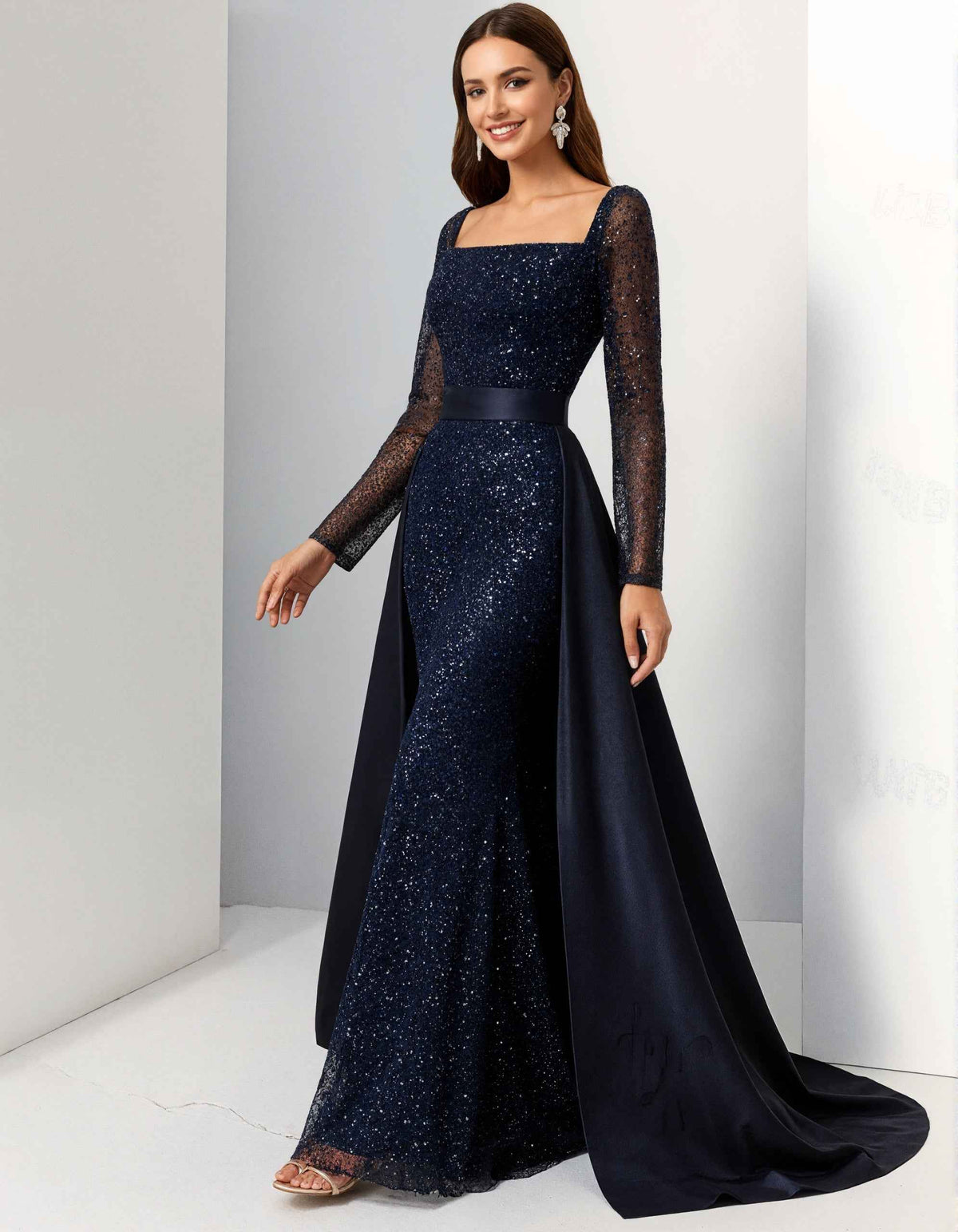 Navy Blue Sequined Square Neck Maxi Dress