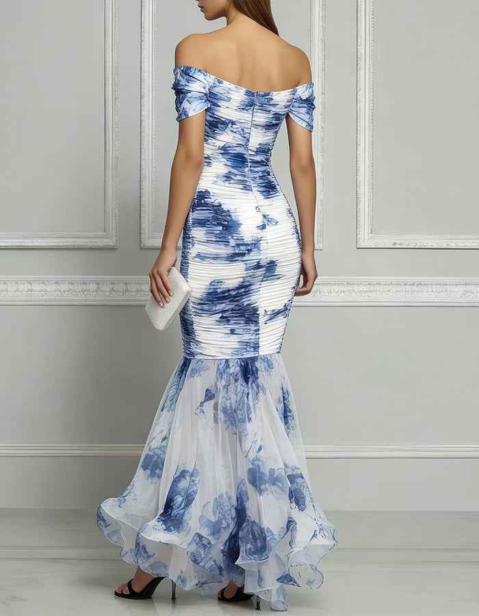 Blue And White Porcelain Ink Print Chiffon Off Shoulder Maxi Dress