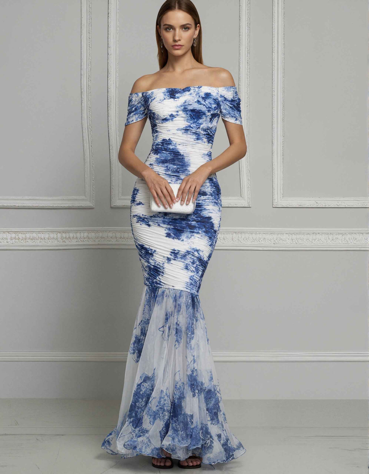 Blue And White Porcelain Ink Print Chiffon Off Shoulder Maxi Dress
