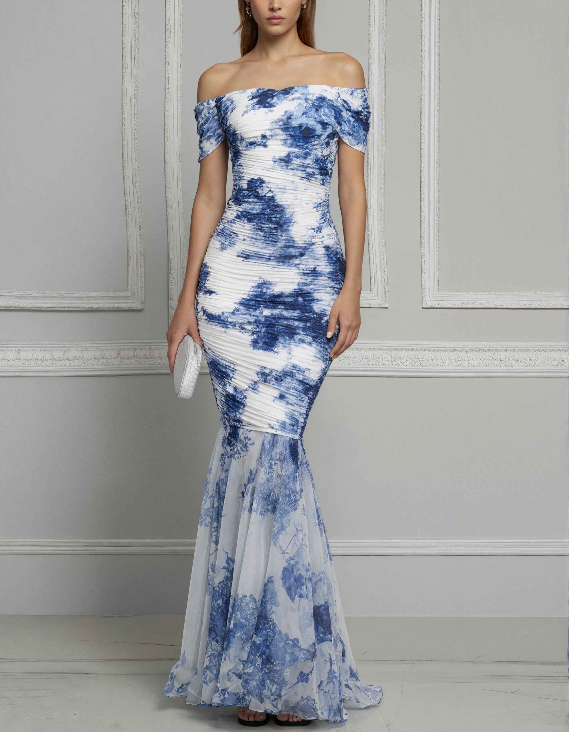 Blue And White Porcelain Ink Print Chiffon Off Shoulder Maxi Dress