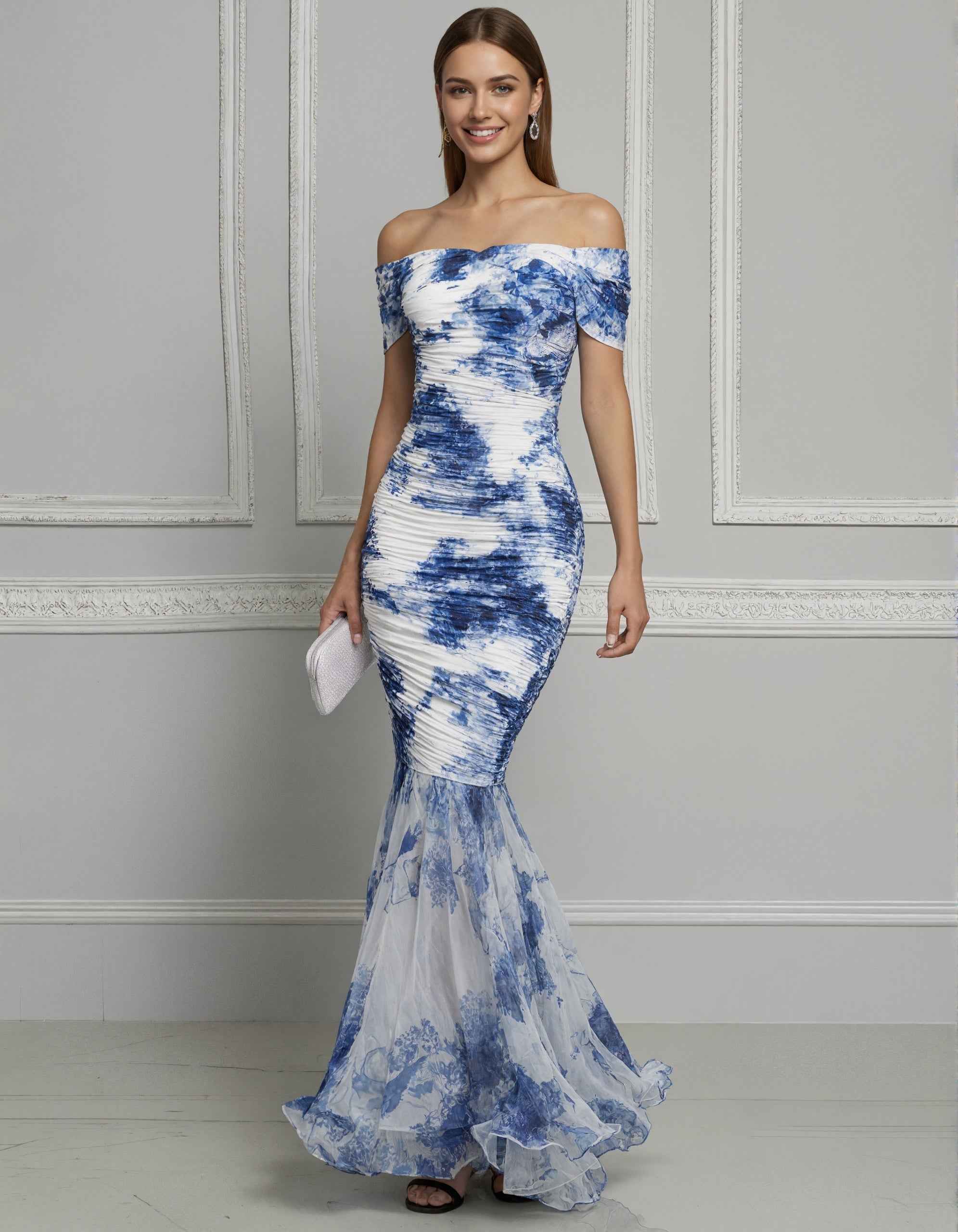 Blue And White Porcelain Ink Print Chiffon Off Shoulder Maxi Dress