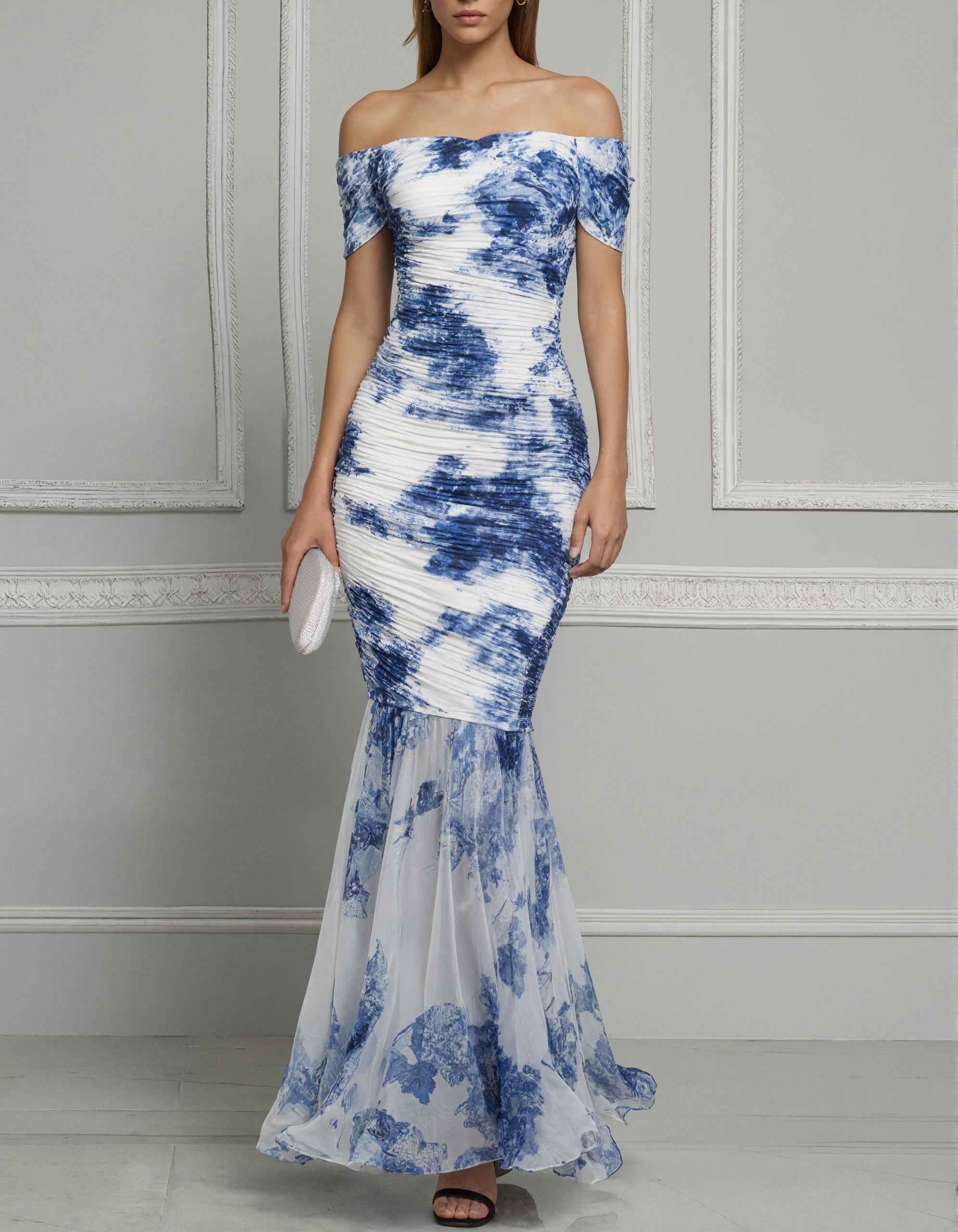 Blue And White Porcelain Ink Print Chiffon Off Shoulder Maxi Dress