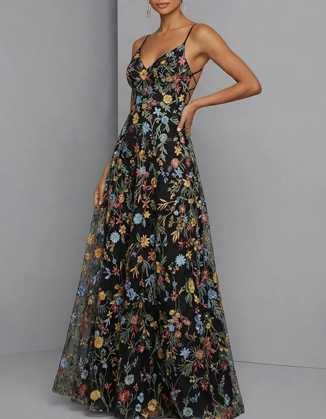Spaghetti Strap Floral Embroidery Tulle A-Line Maxi Formal Dress