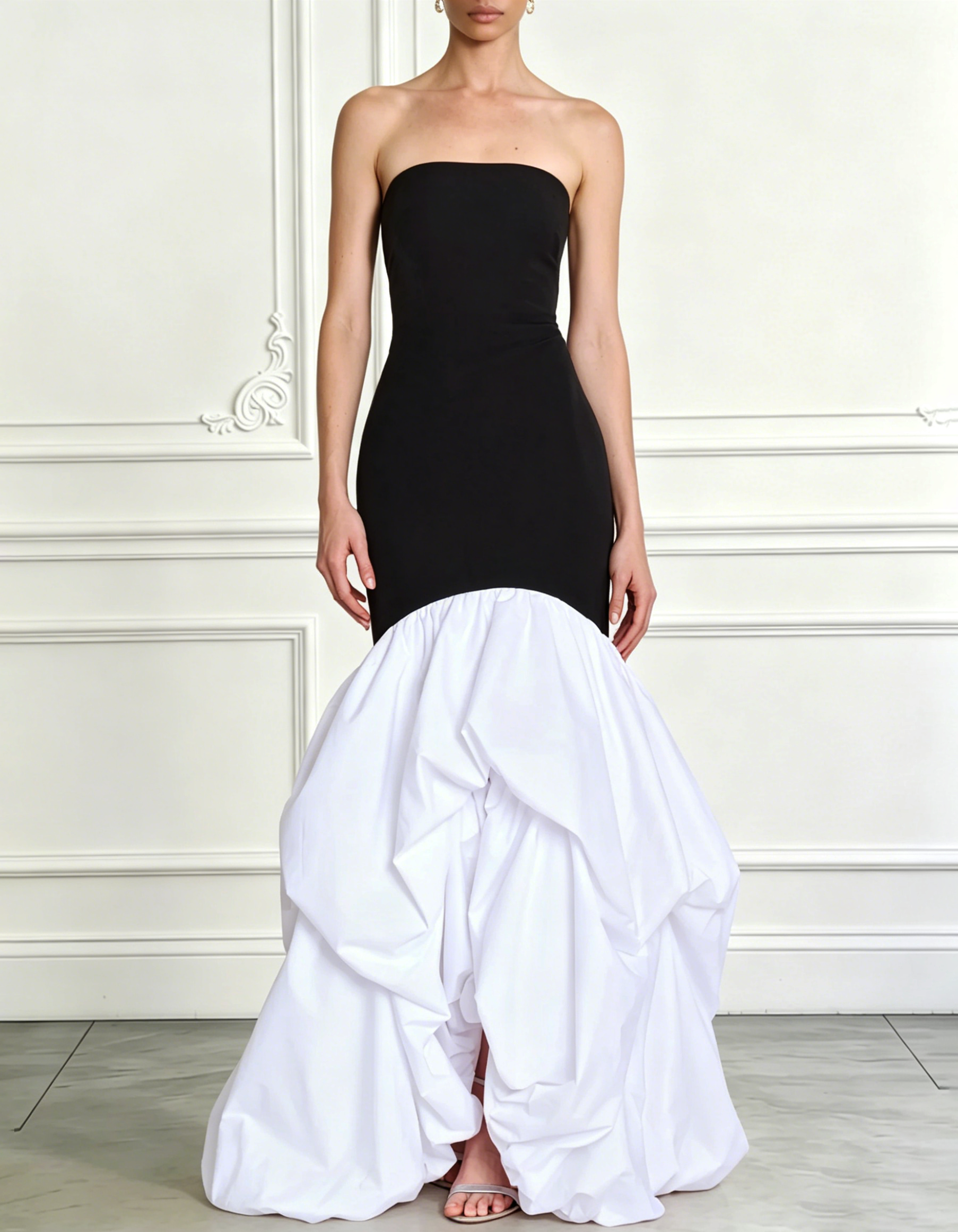 Strapless Two-Tone Stretch Blend Ruffle Mermaid Maxi Formal Dress