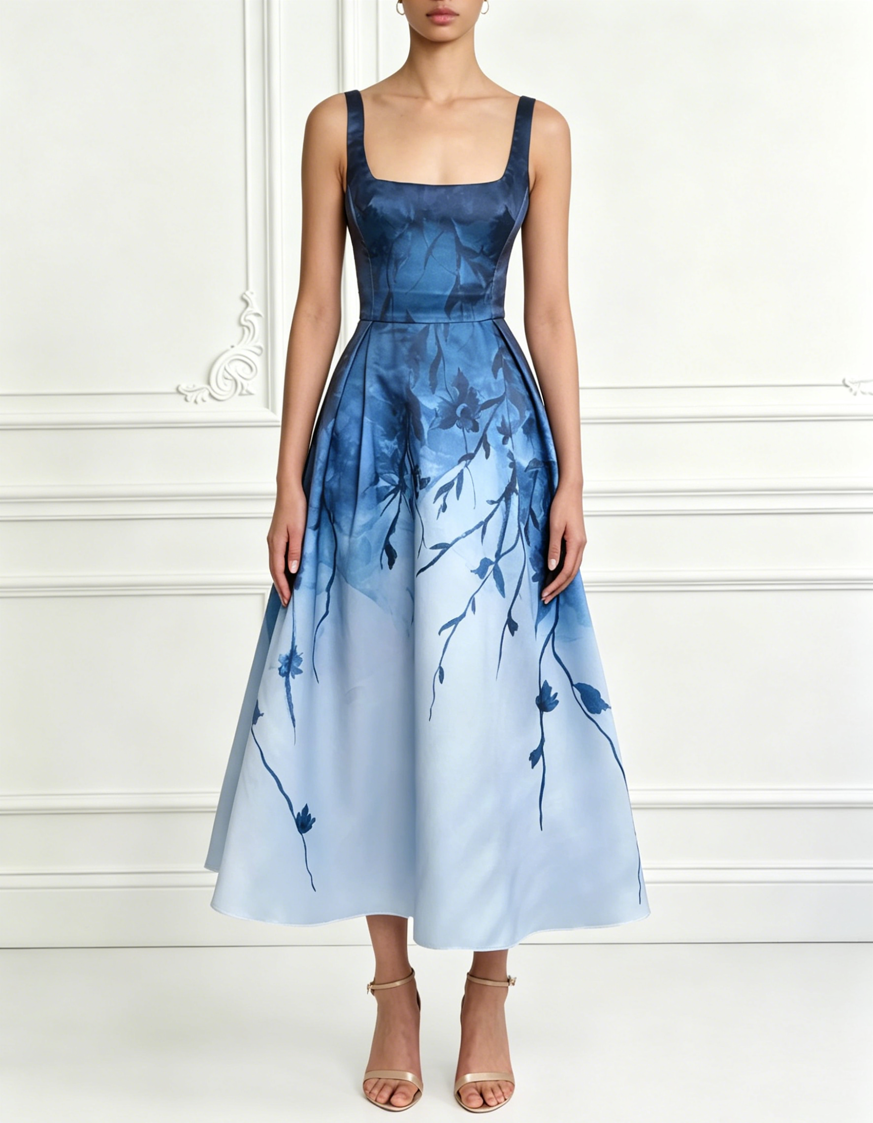 Square Tank Strap Gradient Floral Satin A-Line Midi Formal Dress