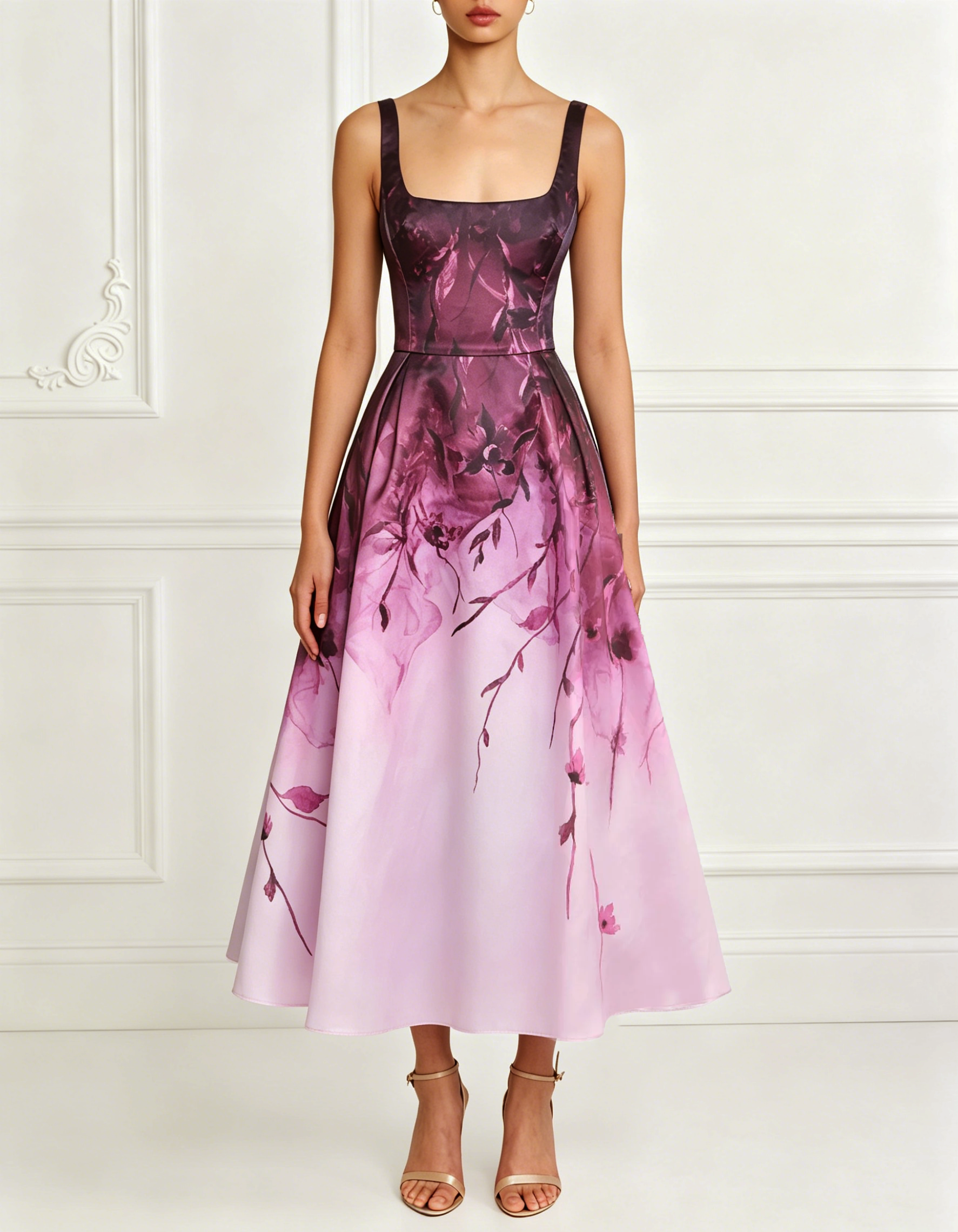 Square Tank Strap Gradient Floral Satin A-Line Midi Formal Dress