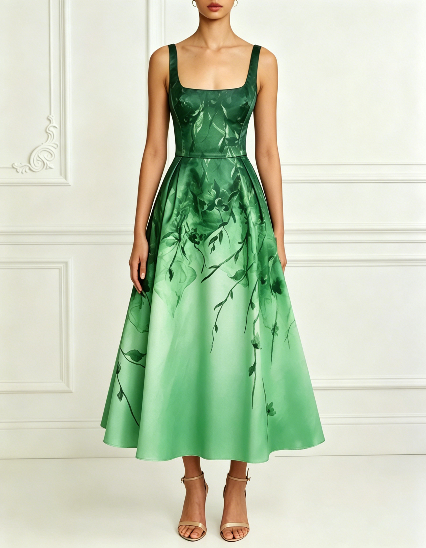 Square Tank Strap Gradient Floral Satin A-Line Midi Formal Dress