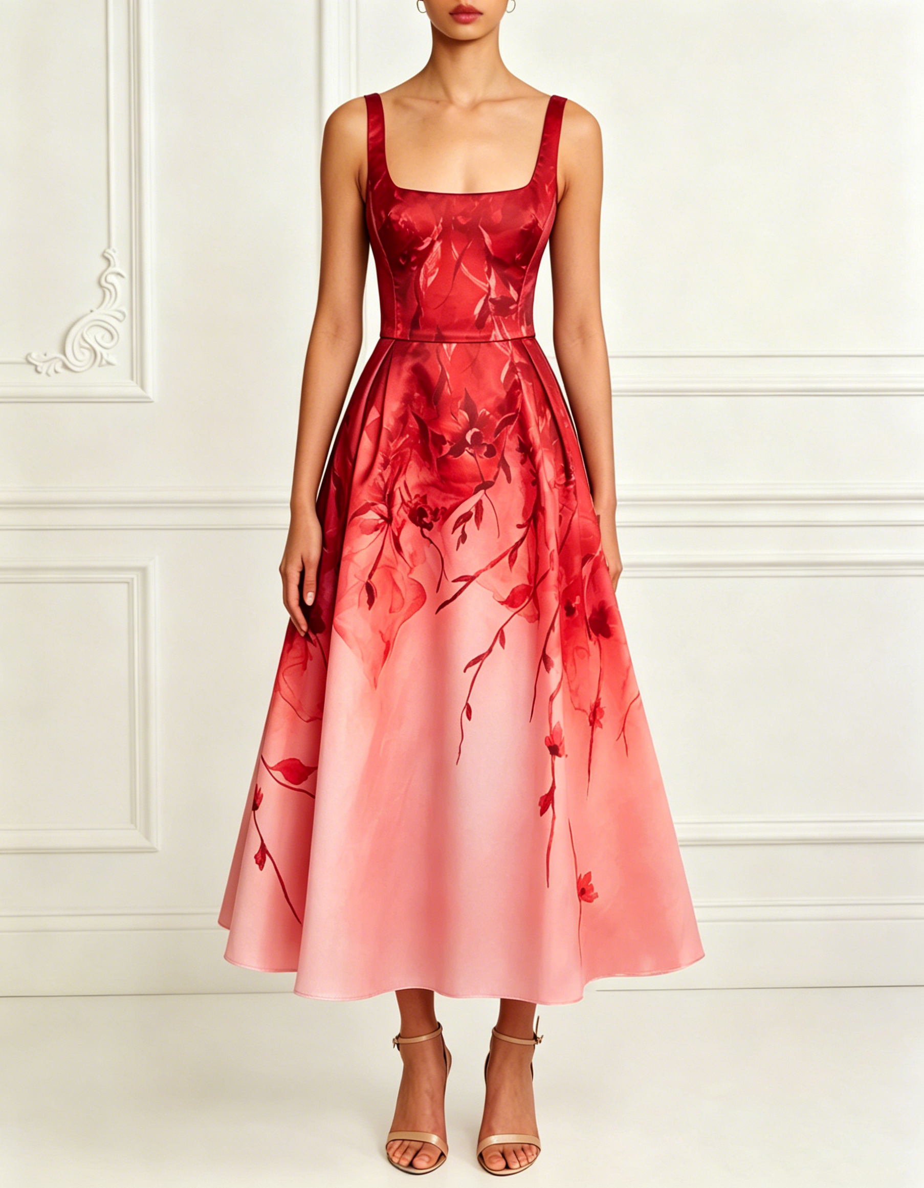 Square Tank Strap Gradient Floral Satin A-Line Midi Formal Dress