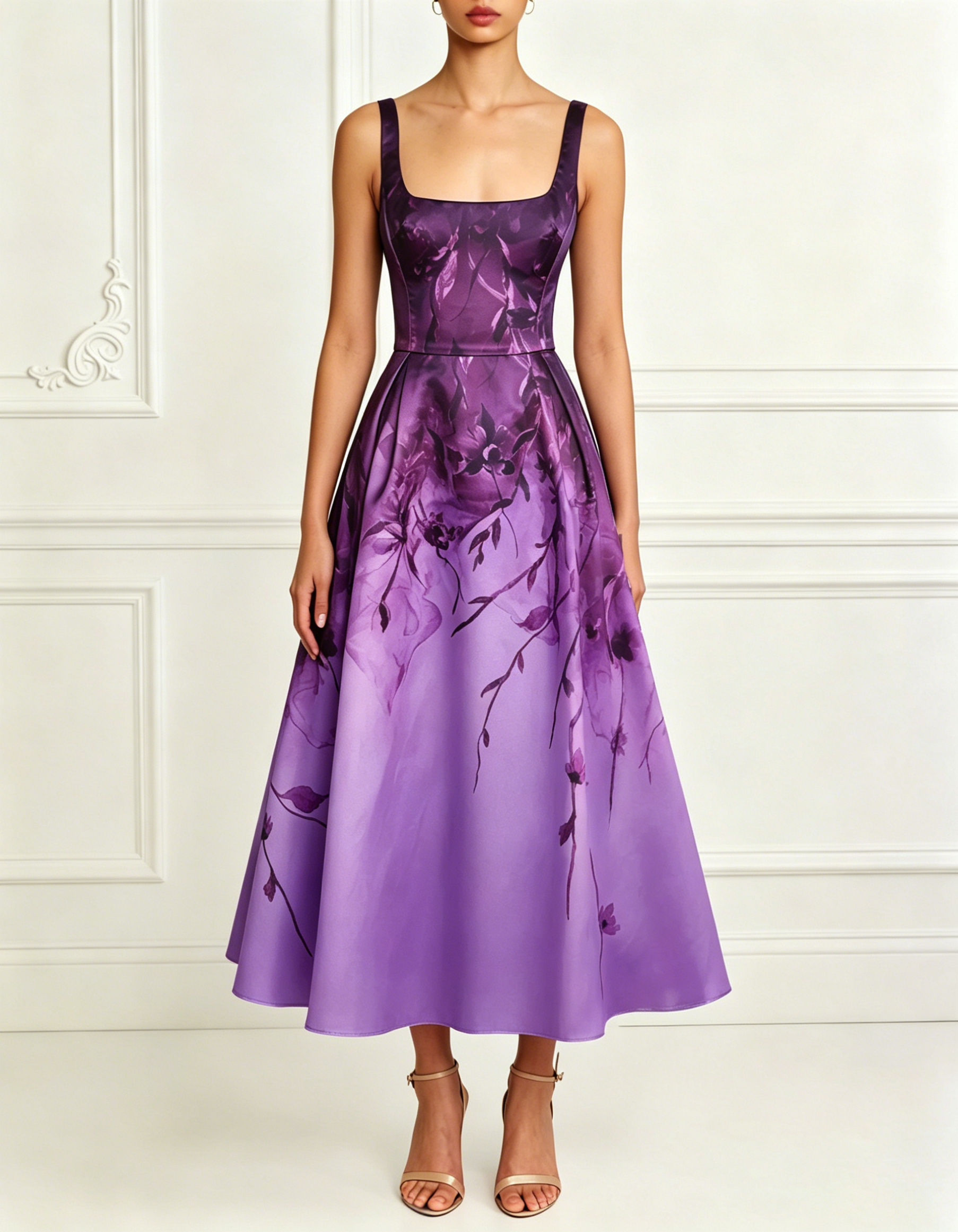 Square Tank Strap Gradient Floral Satin A-Line Midi Formal Dress