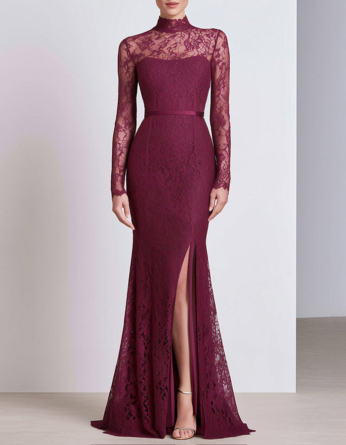 Burgundy High Neck Long Sleeve Floral Lace Mermaid Slit Maxi Dress