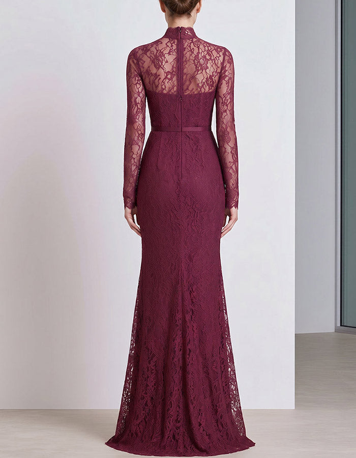 Burgundy High Neck Long Sleeve Floral Lace Mermaid Slit Maxi Dress