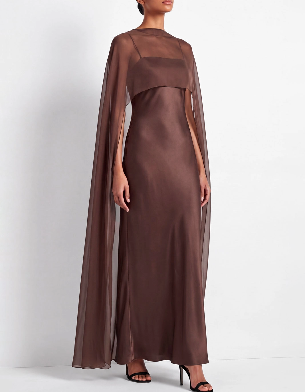 Round Neck Sheer Chiffon Cape Satin Slip Maxi Formal Dress