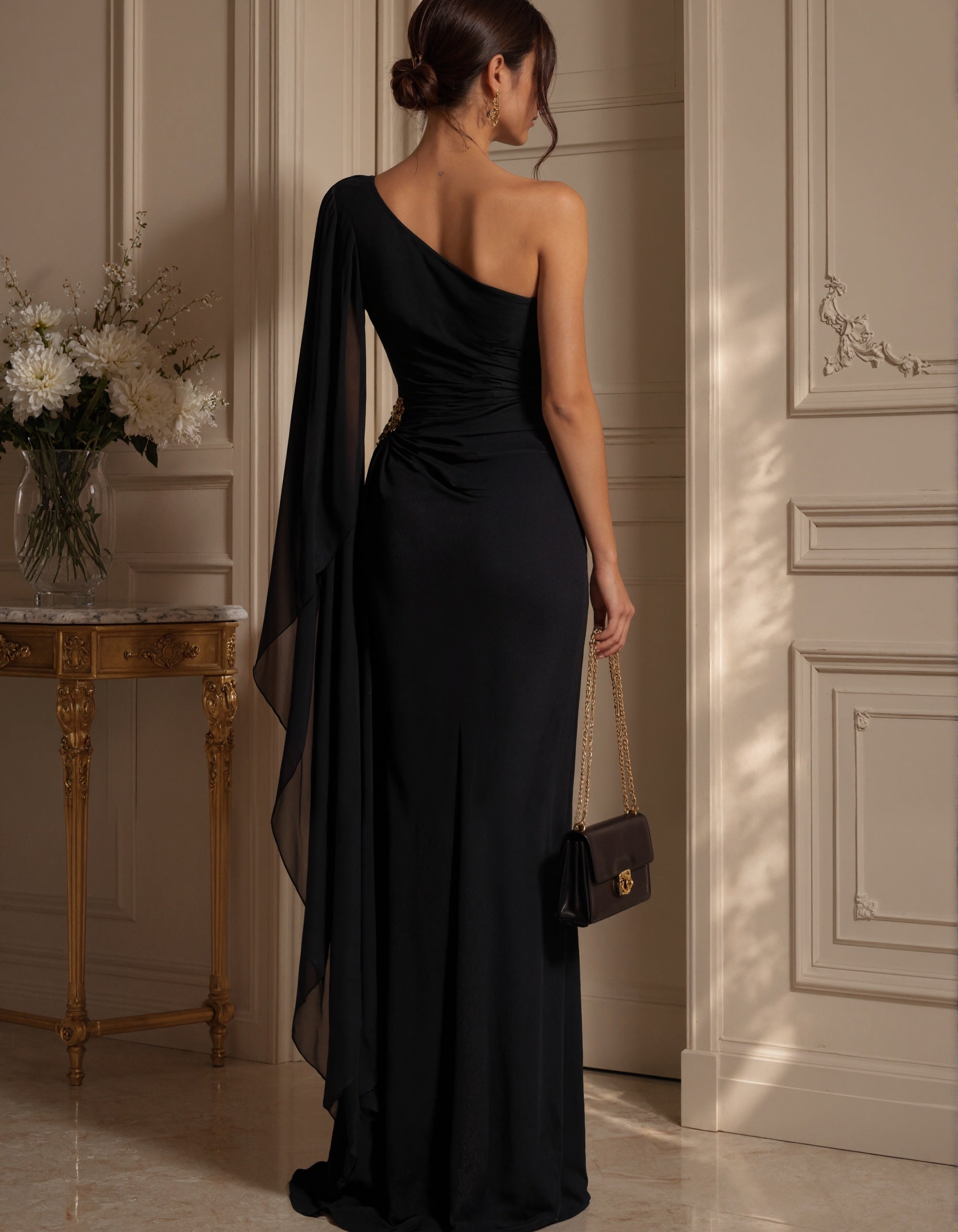 Black Asymmetrical One Shoulder Chiffon Shawl Sleeve Maxi Dress