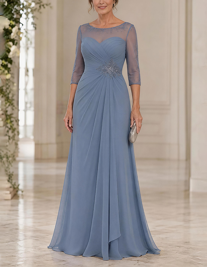 Dusty Blue Illusion Round Neck 3/4 Beaded Sleeve Cross Ruched Chiffon Maxi Dress