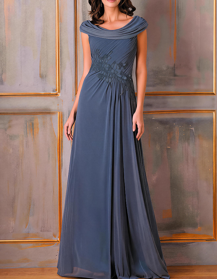 Dusty Blue Cowl Neck Sleeveless Ruched Lace Applique Chiffon Maxi Dress