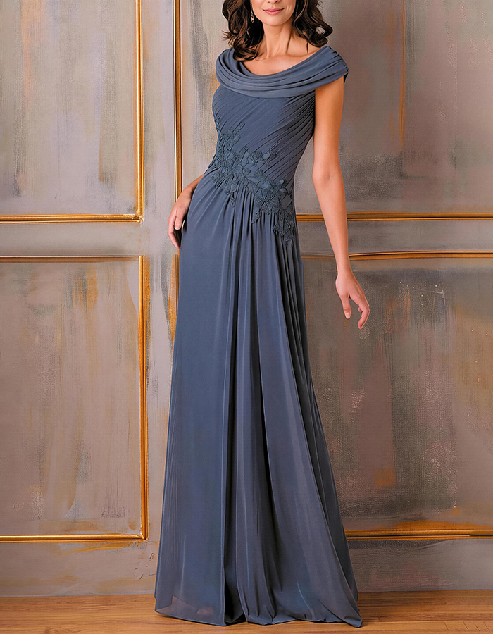 Dusty Blue Cowl Neck Sleeveless Ruched Lace Applique Chiffon Maxi Dress