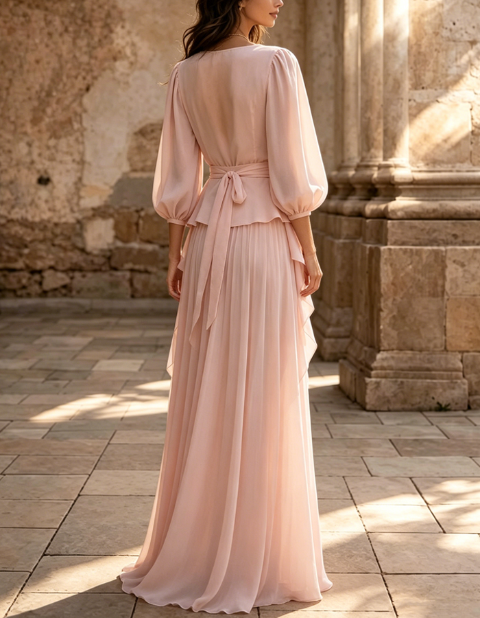Ensemble 2 pièces en mousseline avec manches bouffantes roses