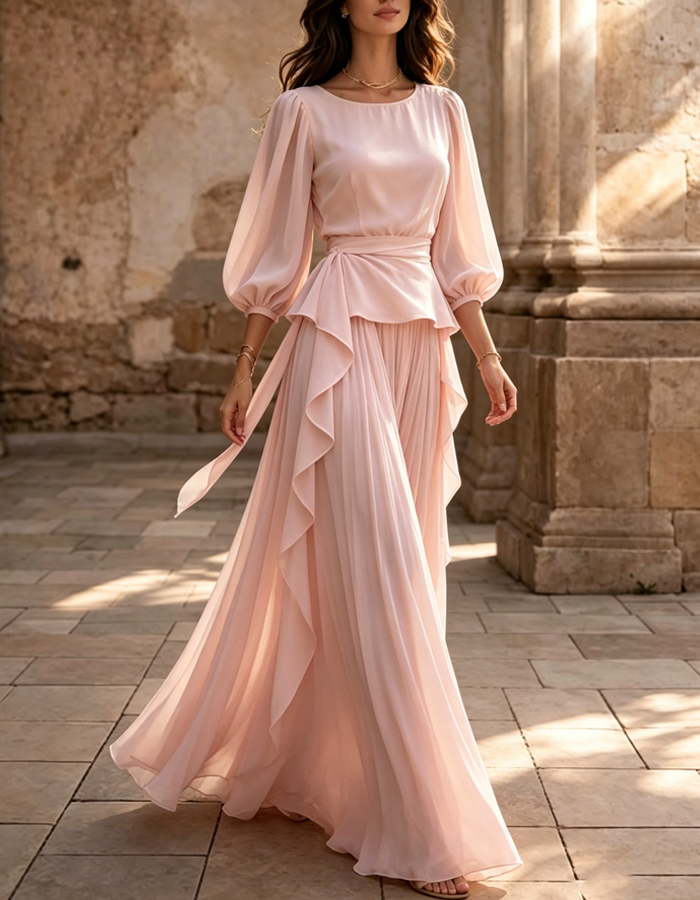 Ensemble 2 pièces en mousseline avec manches bouffantes roses