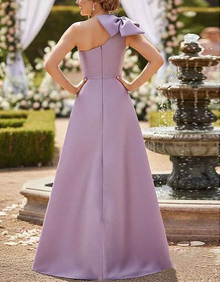 Purple Satin One Shoulder Bow Pleats Maxi Dress
