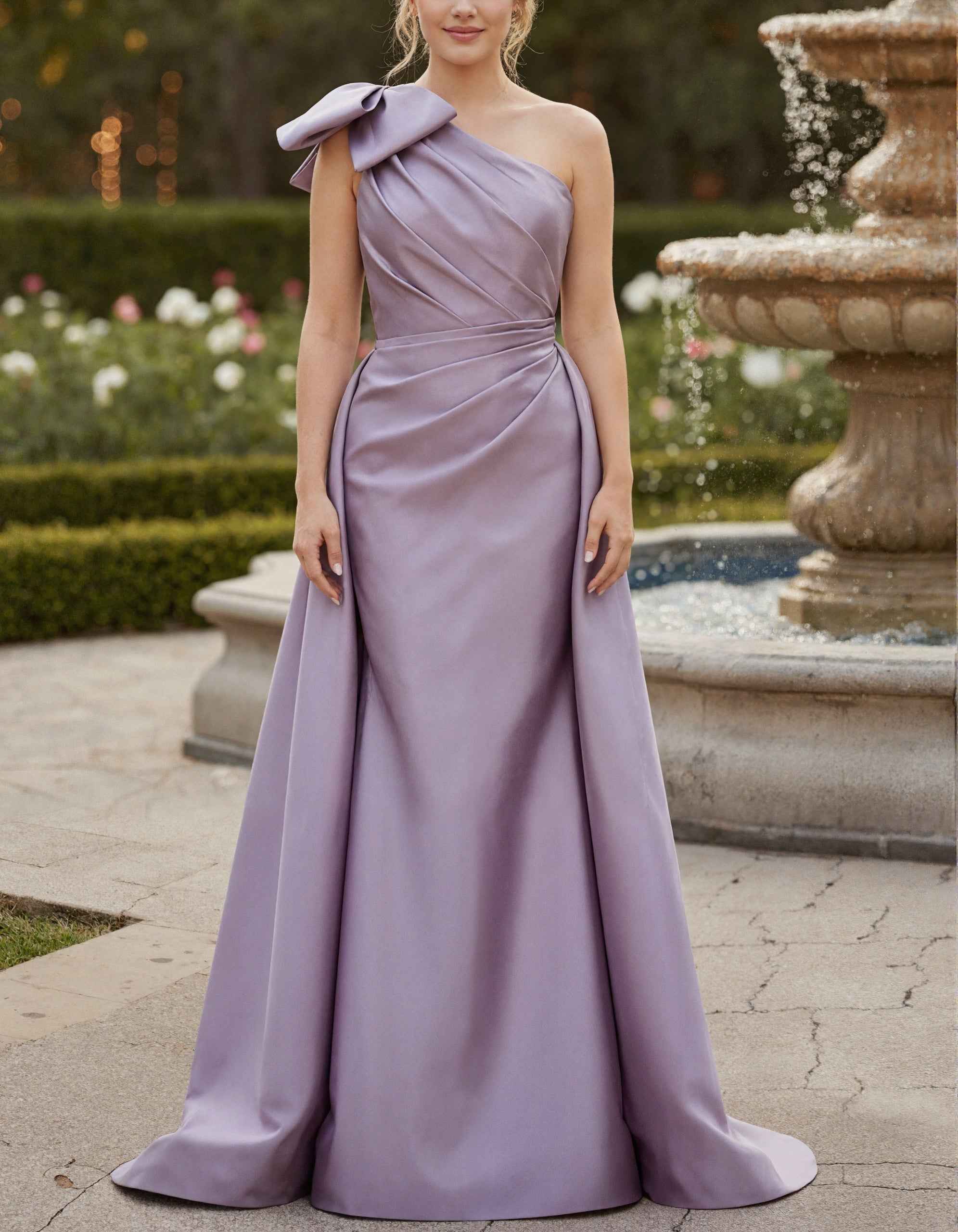 Purple Satin One Shoulder Bow Pleats Maxi Dress