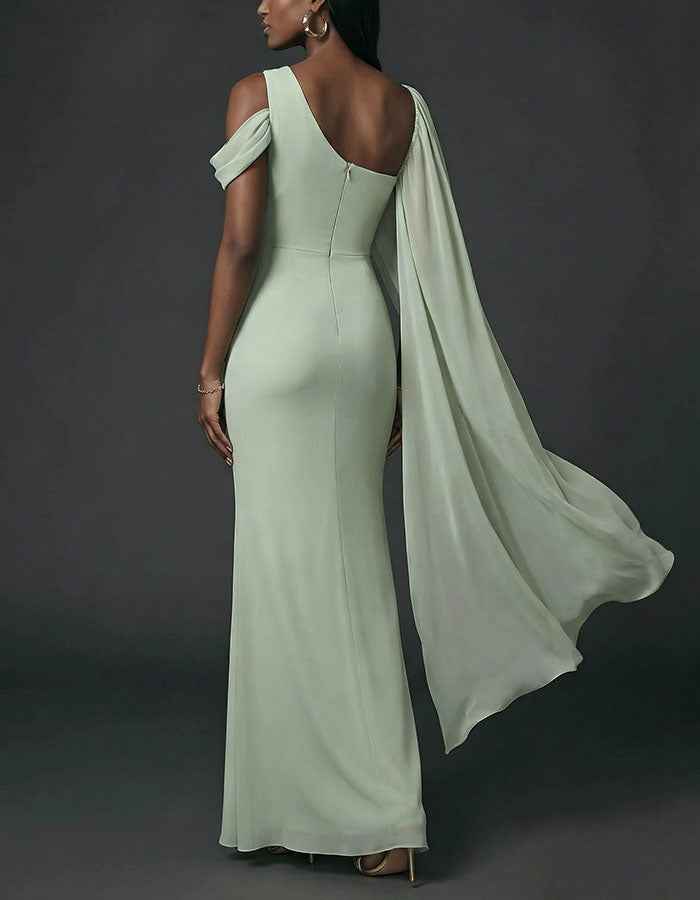 Sage Green Chiffon Asymmetrical Off The Shoulder Maxi Dress