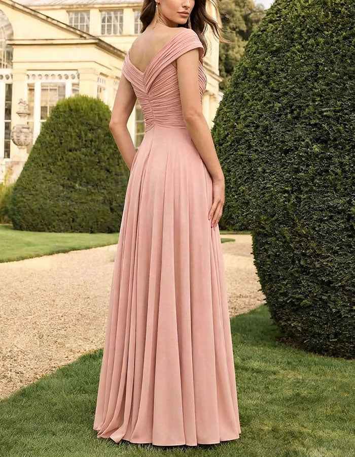 Pink Off The Shoulder Chiffon Maxi Dress
