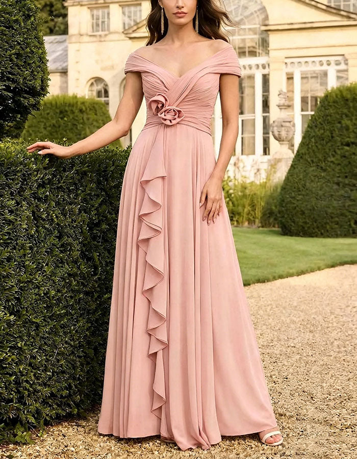 Abito lungo rosa in chiffon con scollo a barca