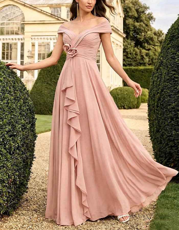 Pink Off The Shoulder Chiffon Maxi Dress