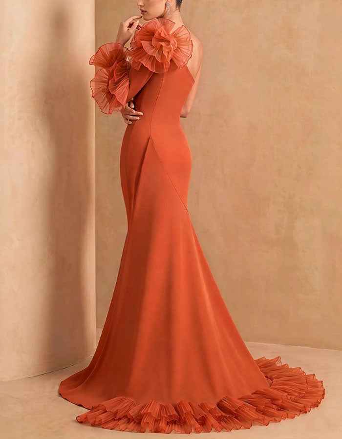 Orange One Shoulder 3D Design Maxi Dress
