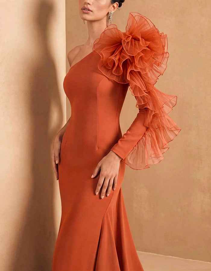 Orange One Shoulder 3D Design Maxi Dress