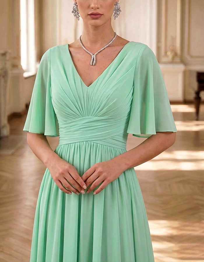 Mint Green Chiffon V-Neck Flutter Sleeve Maxi Dress