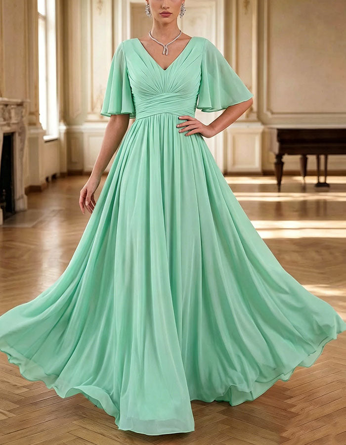 Vestido Maxi de Chiffon Verde-Menta com Decote em V e Mangas Flutuantes